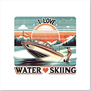 Serene Waters: Woman on Boat With I Love Water Ski Posters and Art